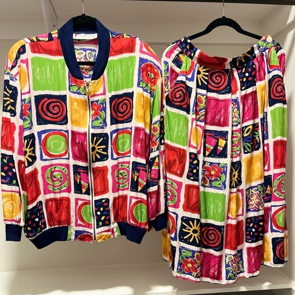 Chaus Women’s vintage retro 80’s abstract colorblock bomber jacket/skirt set Lrg - Picture 2 of 16